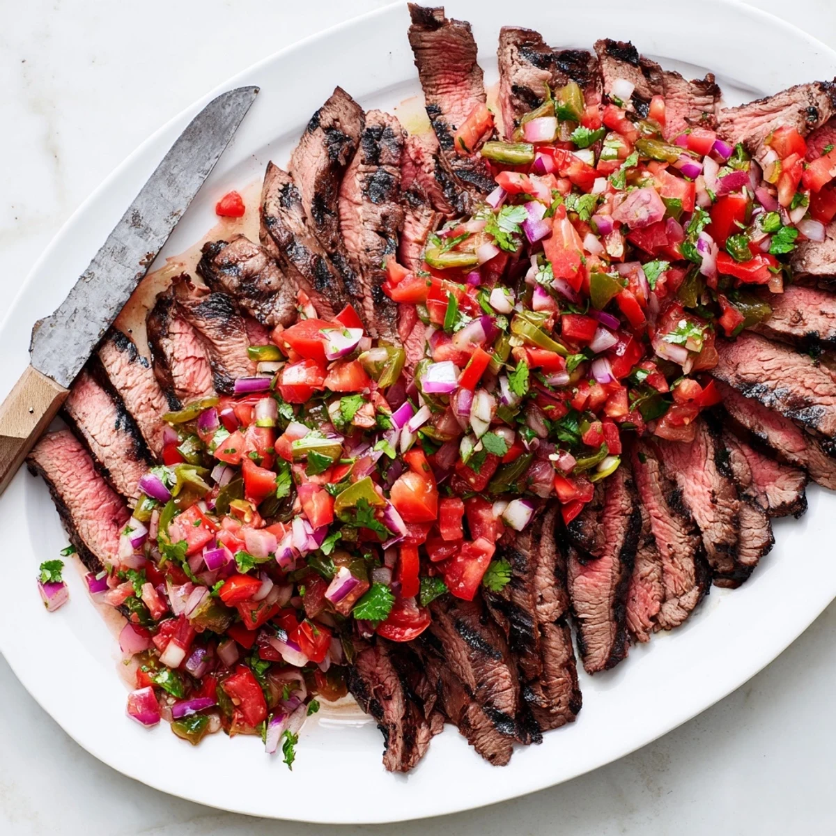 Sliced grilled flank steak arranged on a platter topped with vibrant poblano pico de gallo
