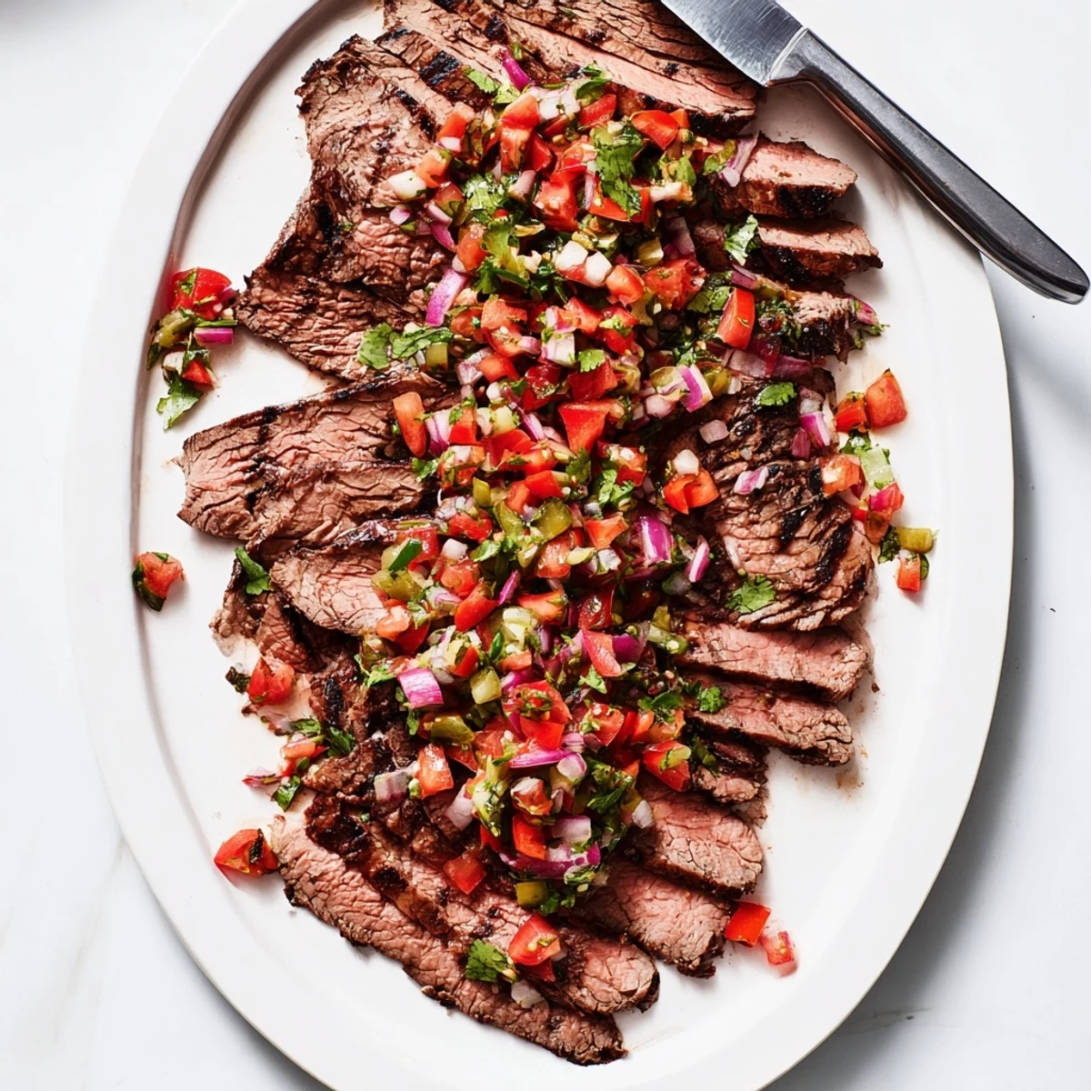 Juicy charred flank steak resting beside a colorful bowl of fresh poblano pico de gallo