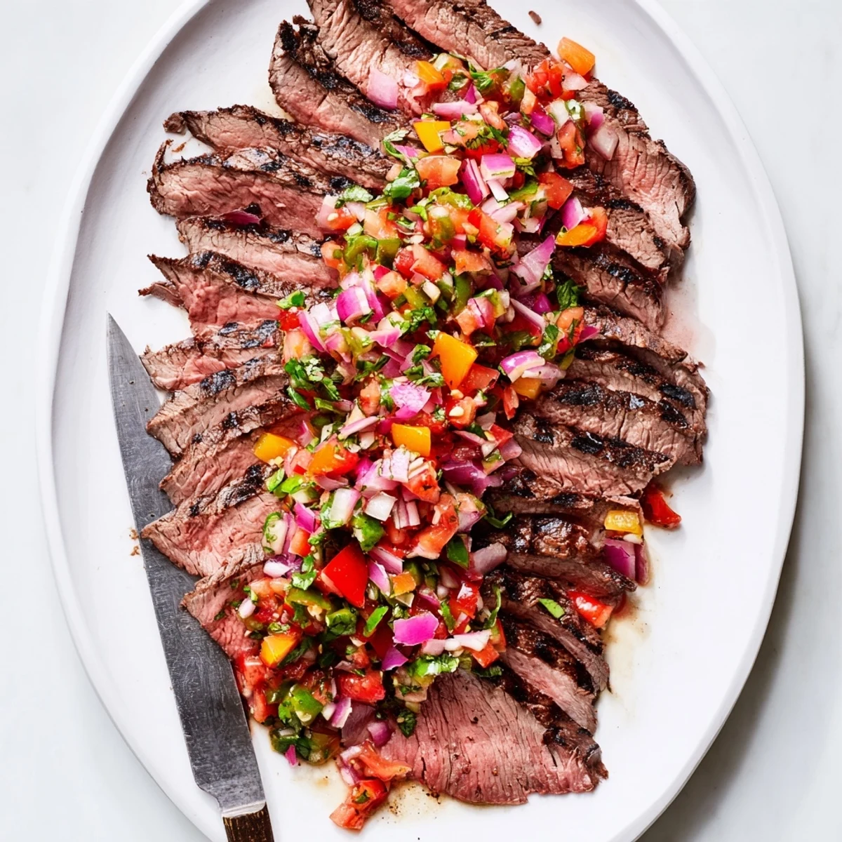 Plate of medium-rare grilled flank steak served with zesty poblano pico de gallo garnish