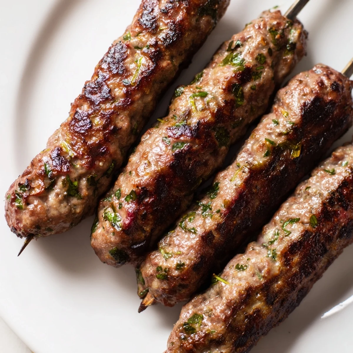 Juicy Middle Eastern lamb kofta kebabs served with fresh lemon wedges and herbs on a white platter