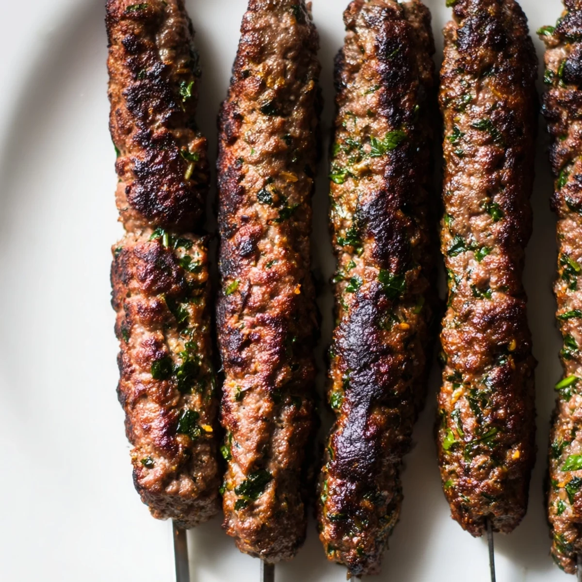 Golden brown lamb kofta kebabs grilled to perfection on metal skewers with charred edges