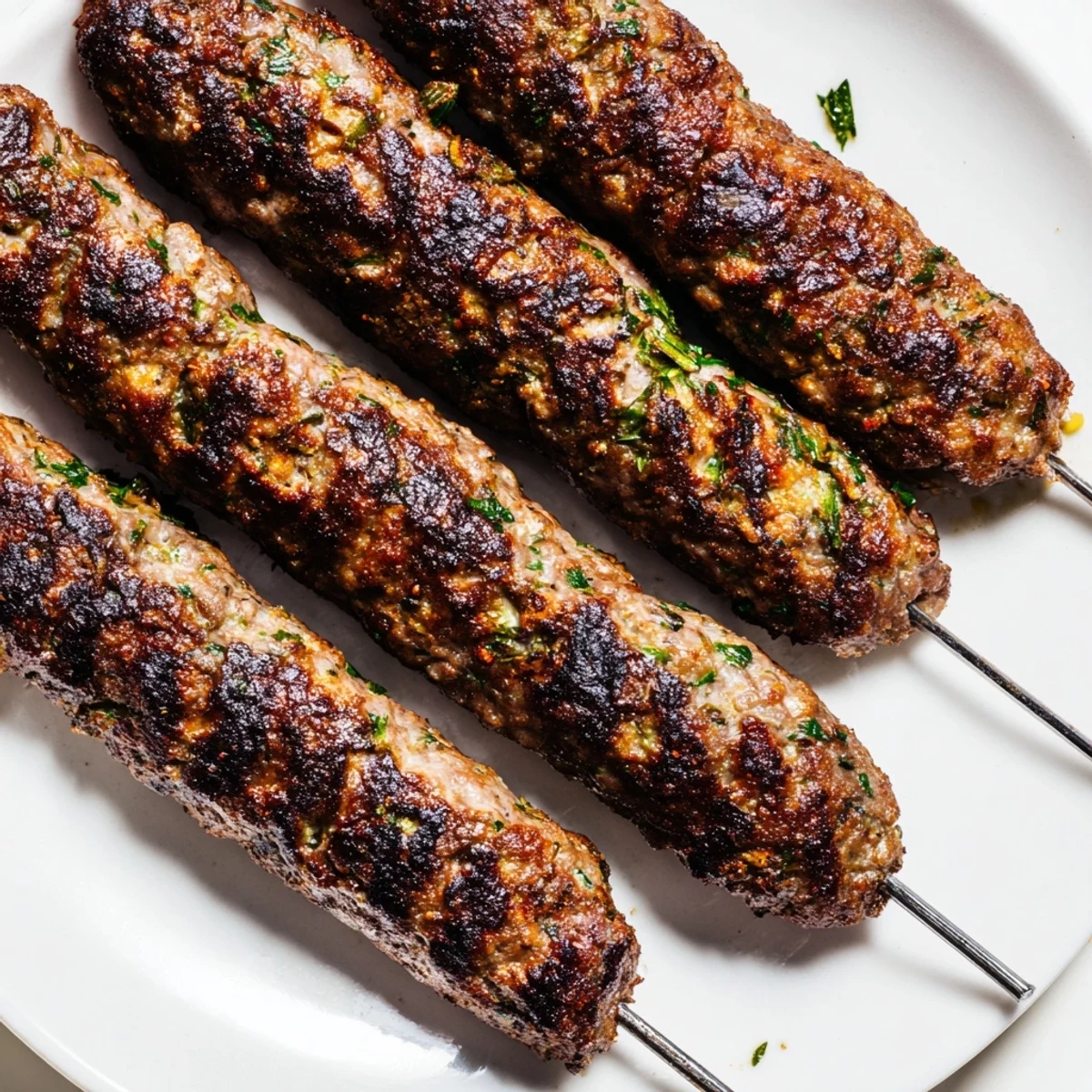 Homemade lamb kofta kebabs spiced with cumin and coriander arranged on a wooden serving board