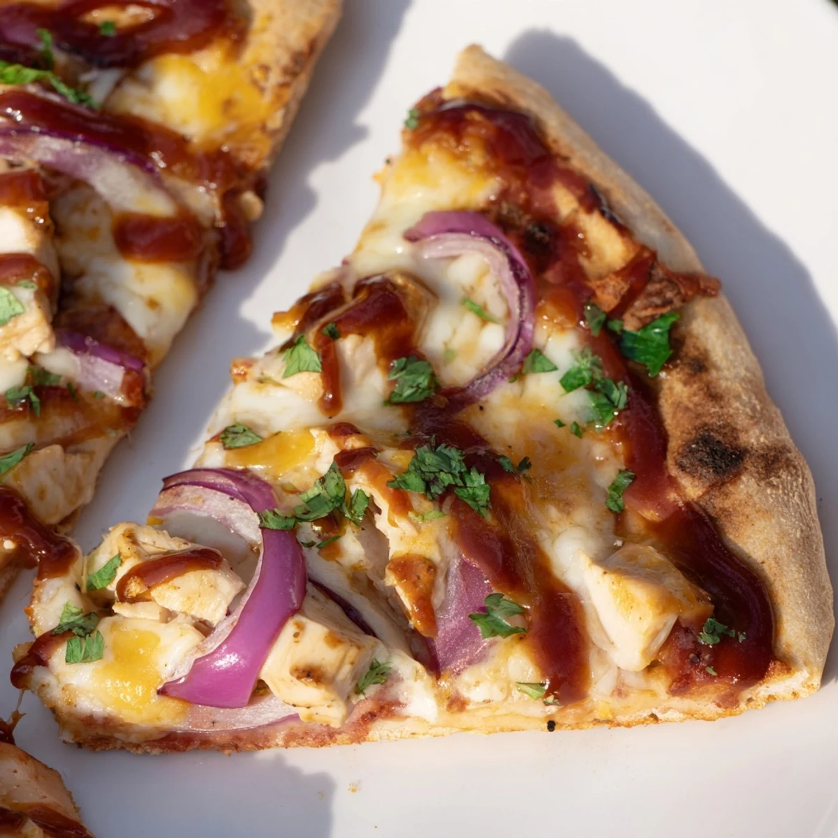 Homemade BBQ chicken pizza loaded with grilled meat, gooey cheese, and cilantro garnish