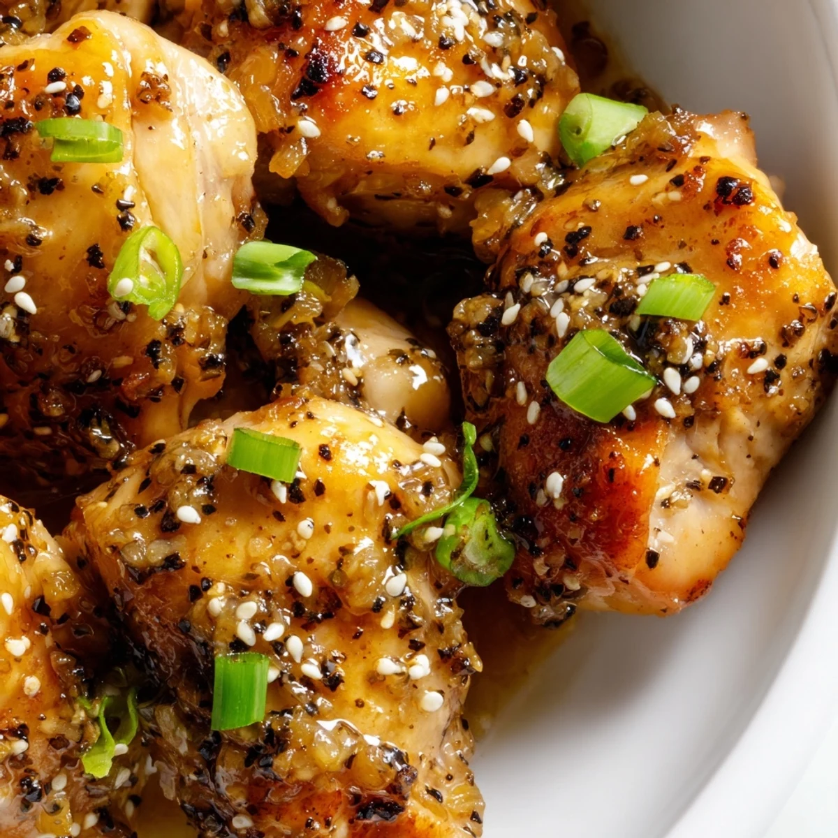 Golden garlic black pepper chicken with juicy marinated thighs and green onion garnish