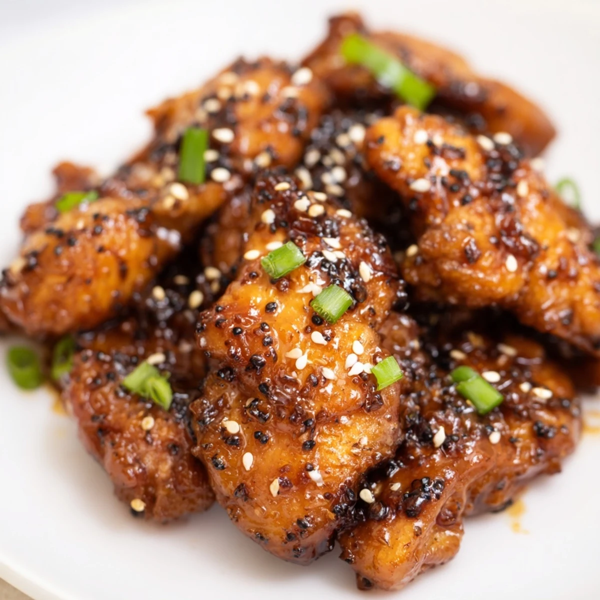 Pan-seared garlic black pepper chicken featuring crispy caramelized edges and sesame seed topping