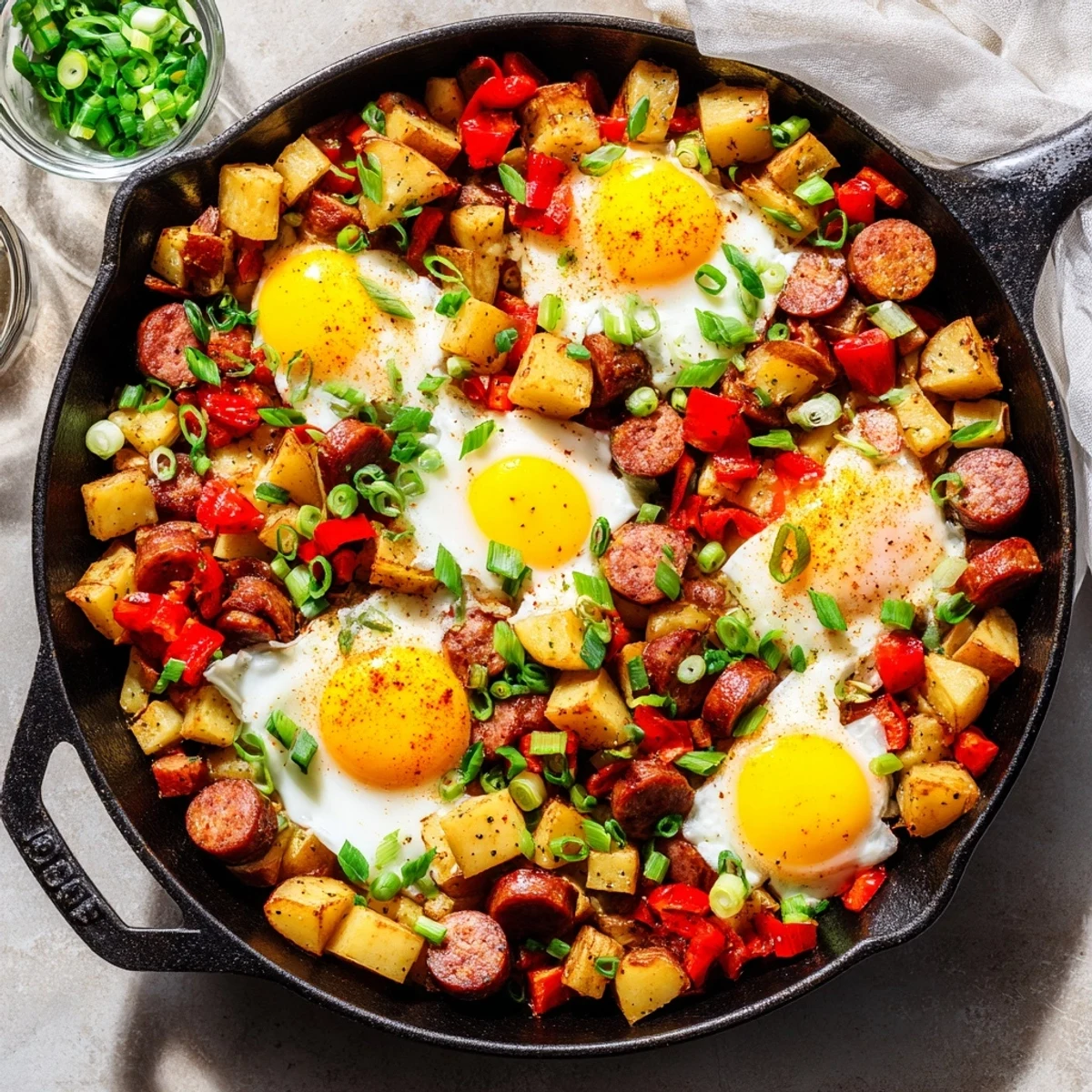 Hearty Cajun beef sausage breakfast hash featuring spiced beef, tender potatoes, and perfectly cooked eggs for a satisfying morning meal