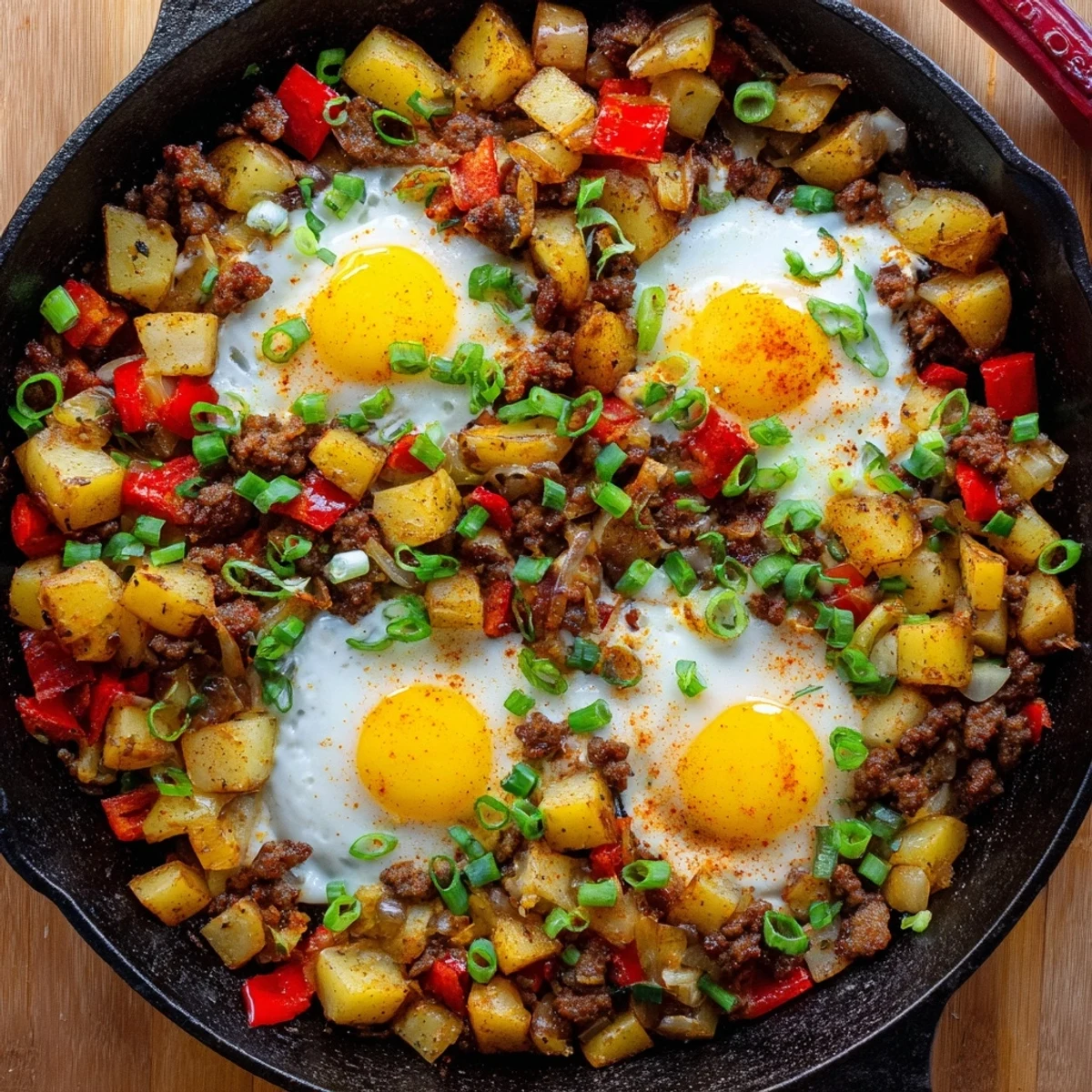 Golden Cajun beef sausage breakfast hash with crispy potatoes, savory vegetables, and sunny eggs in a cast iron skillet