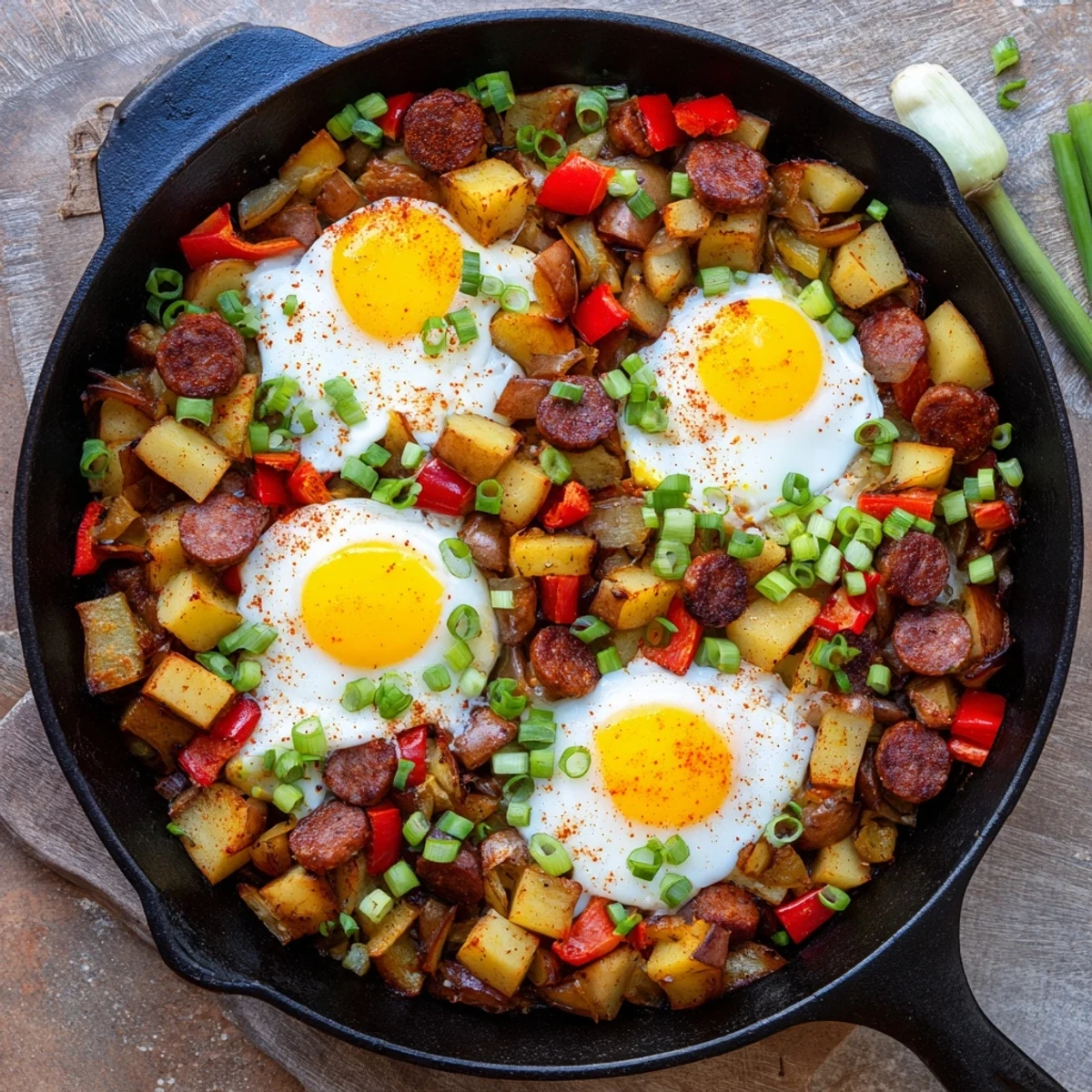Colorful skillet of Cajun beef sausage breakfast hash with golden brown potatoes, diced peppers, onions, and runny yolks atop
