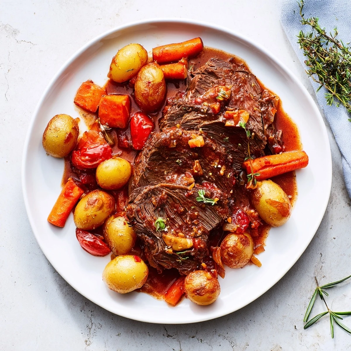 Tender herb braised beef chuck roast served with carrots and celery in a rich savory sauce