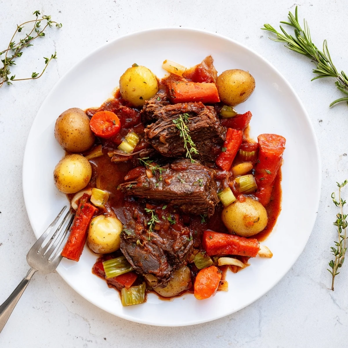 Golden seared beef chuck roast slowly braised with fresh rosemary thyme and baby potatoes