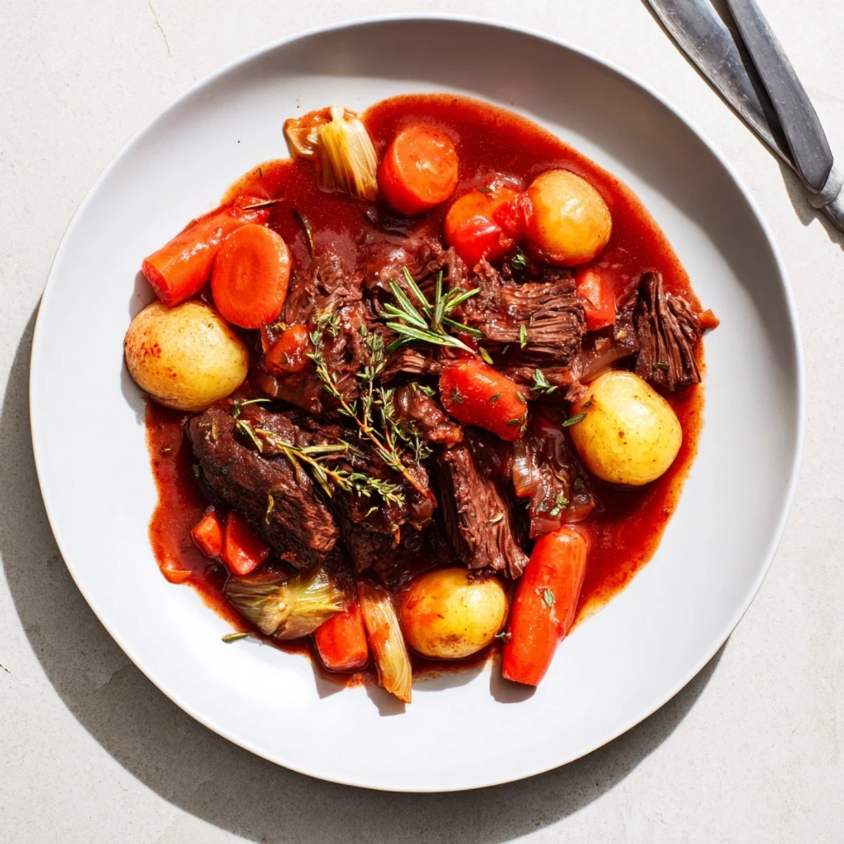 Meltingly tender herb braised beef chuck roast plated with vegetables and drizzled with red wine gravy