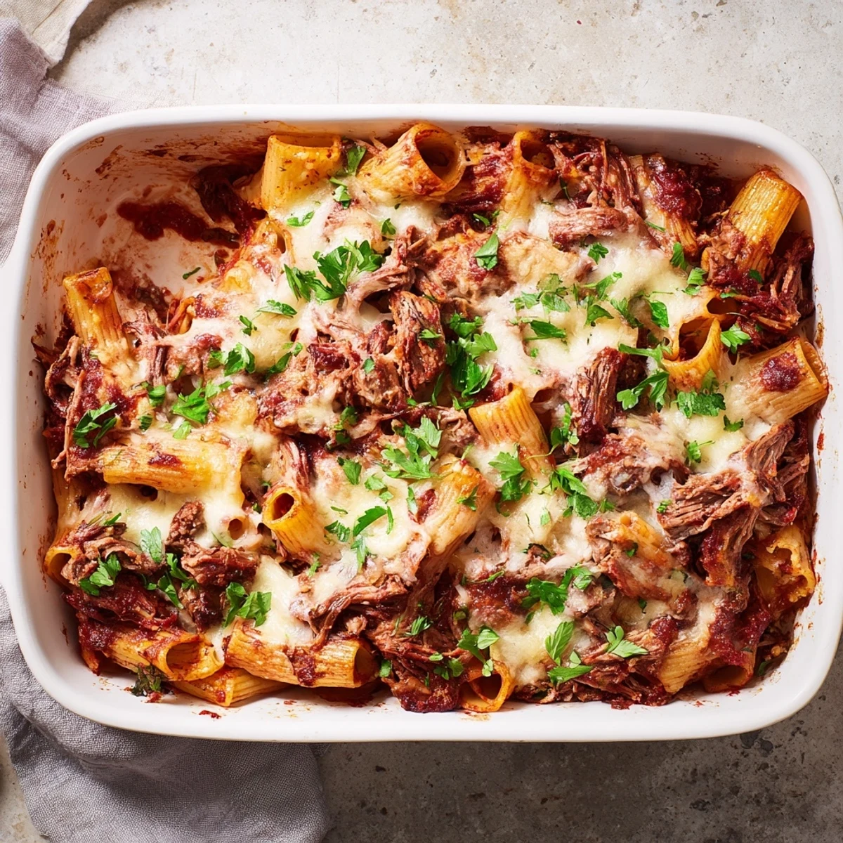 Golden melted mozzarella tops this chuck roast pasta bake with rich tomato sauce