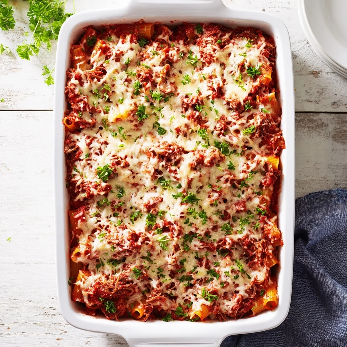 Tender shredded beef and rigatoni layered in a cheesy chuck roast pasta bake