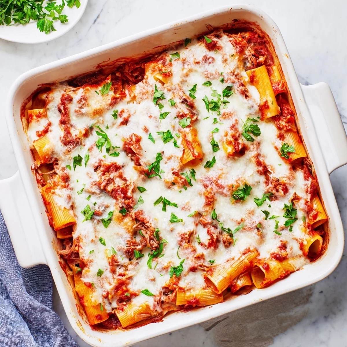 Bubbling chuck roast pasta bake featuring rich tomato sauce and golden brown cheese topping