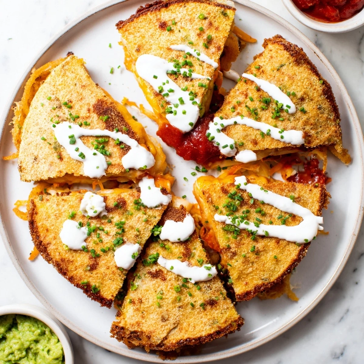 Sliced wedges of onion ring chips quesadilla displaying gooey cheese and crunchy battered onions inside