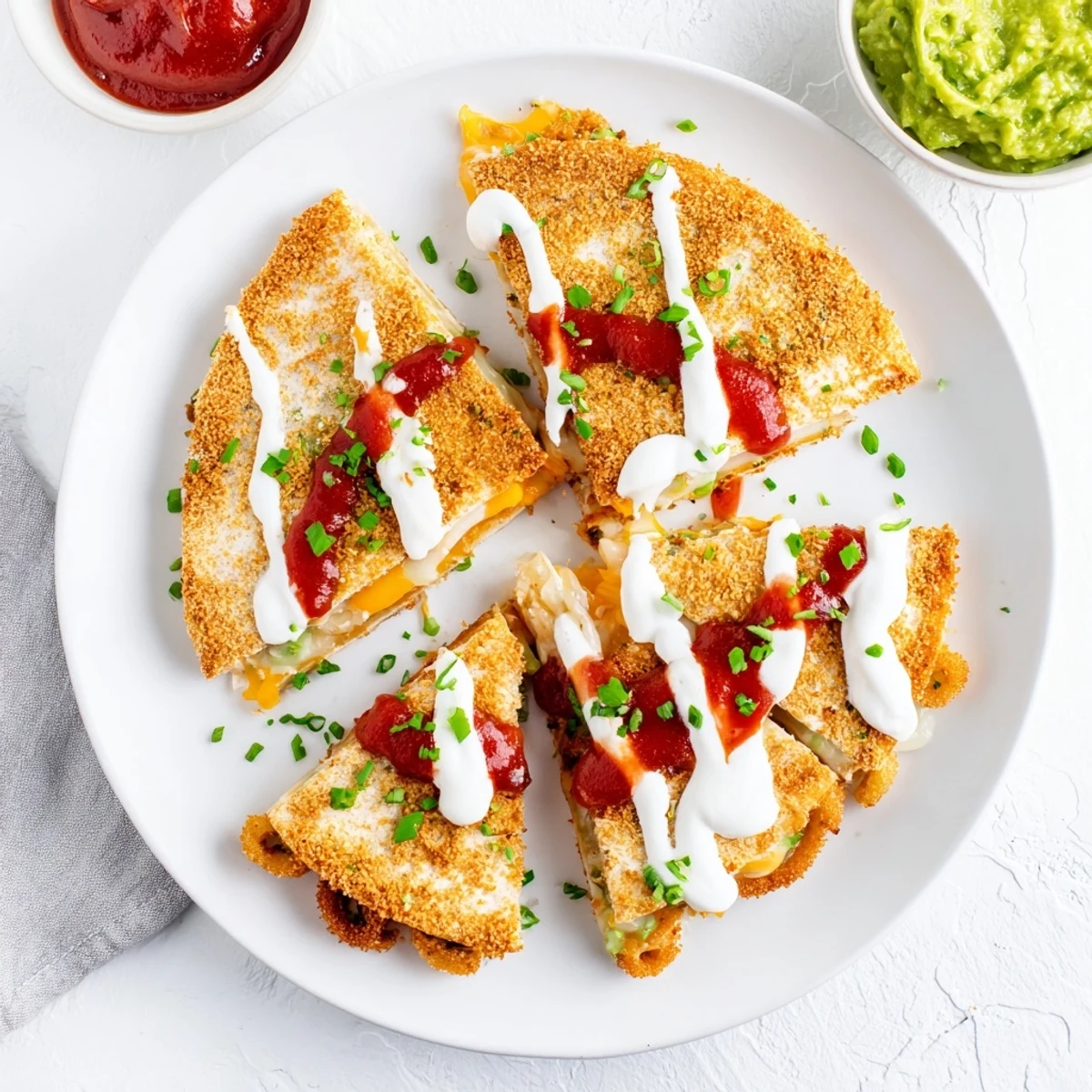 Golden brown quesadilla filled with crispy onion rings and melted cheddar and mozzarella cheese