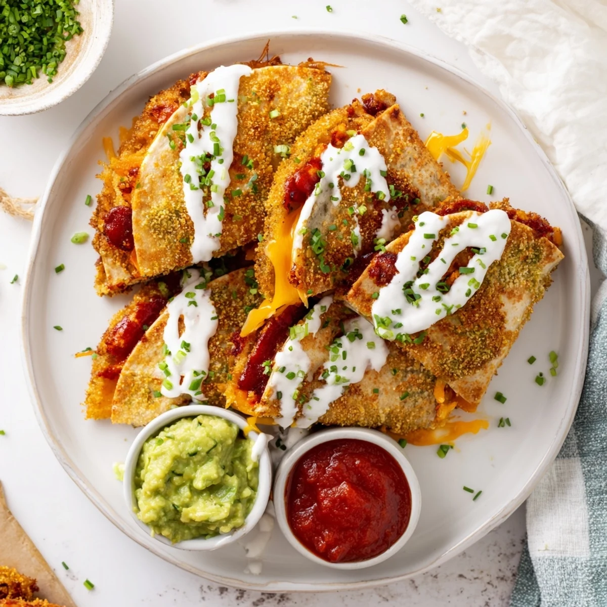 Tex-Mex quesadilla with fried onion ring chips and oozing cheese served with salsa and sour cream