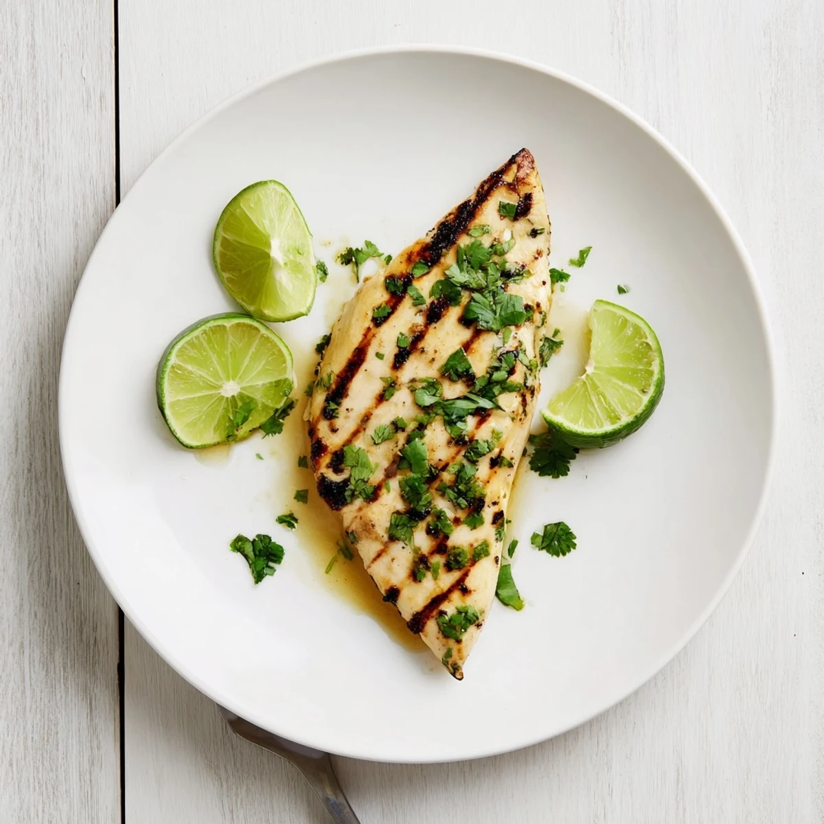 Golden brown Key West grilled chicken garnished with fresh cilantro and lime wedges on a white plate