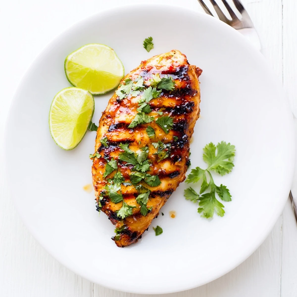 Juicy honey lime marinated Key West grilled chicken resting on a cutting board with tropical garnish