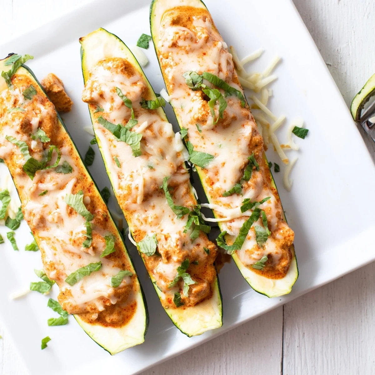 Tender hollowed zucchini halves filled with aromatic Indian butter chicken topped with melted mozzarella cheese