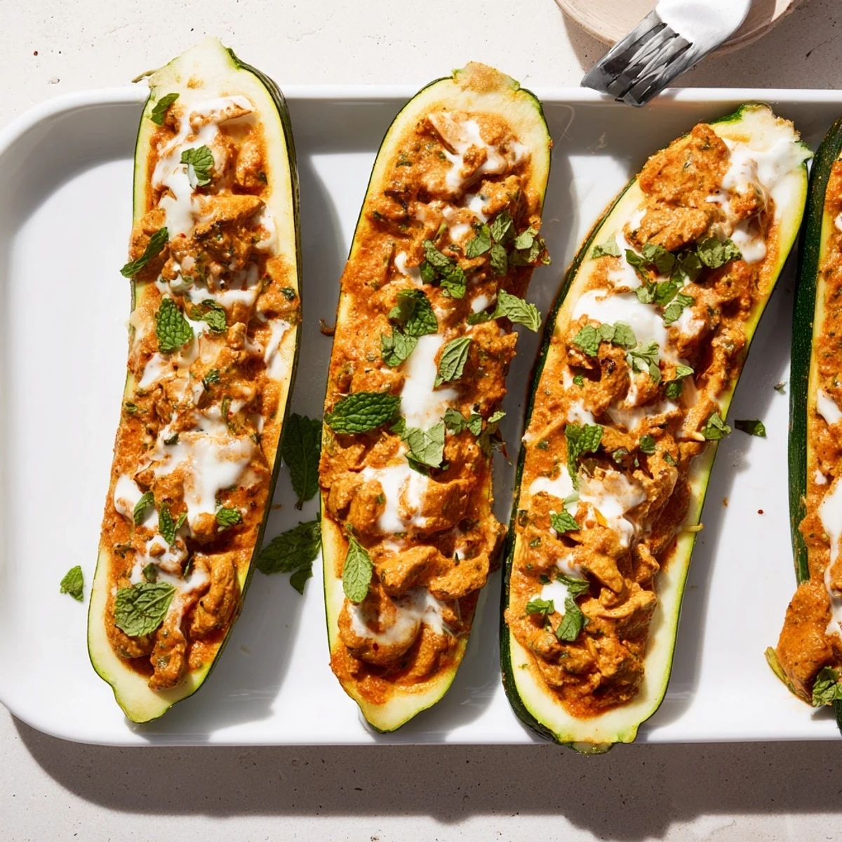 Golden roasted zucchini boats overflowing with creamy spiced butter chicken and fresh green cilantro garnish