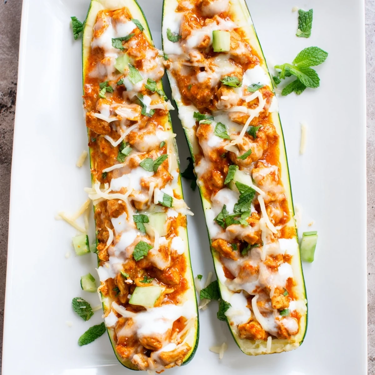 Steamy low carb butter chicken stuffed zucchini boats sprinkled with fresh mint and cilantro on white plate