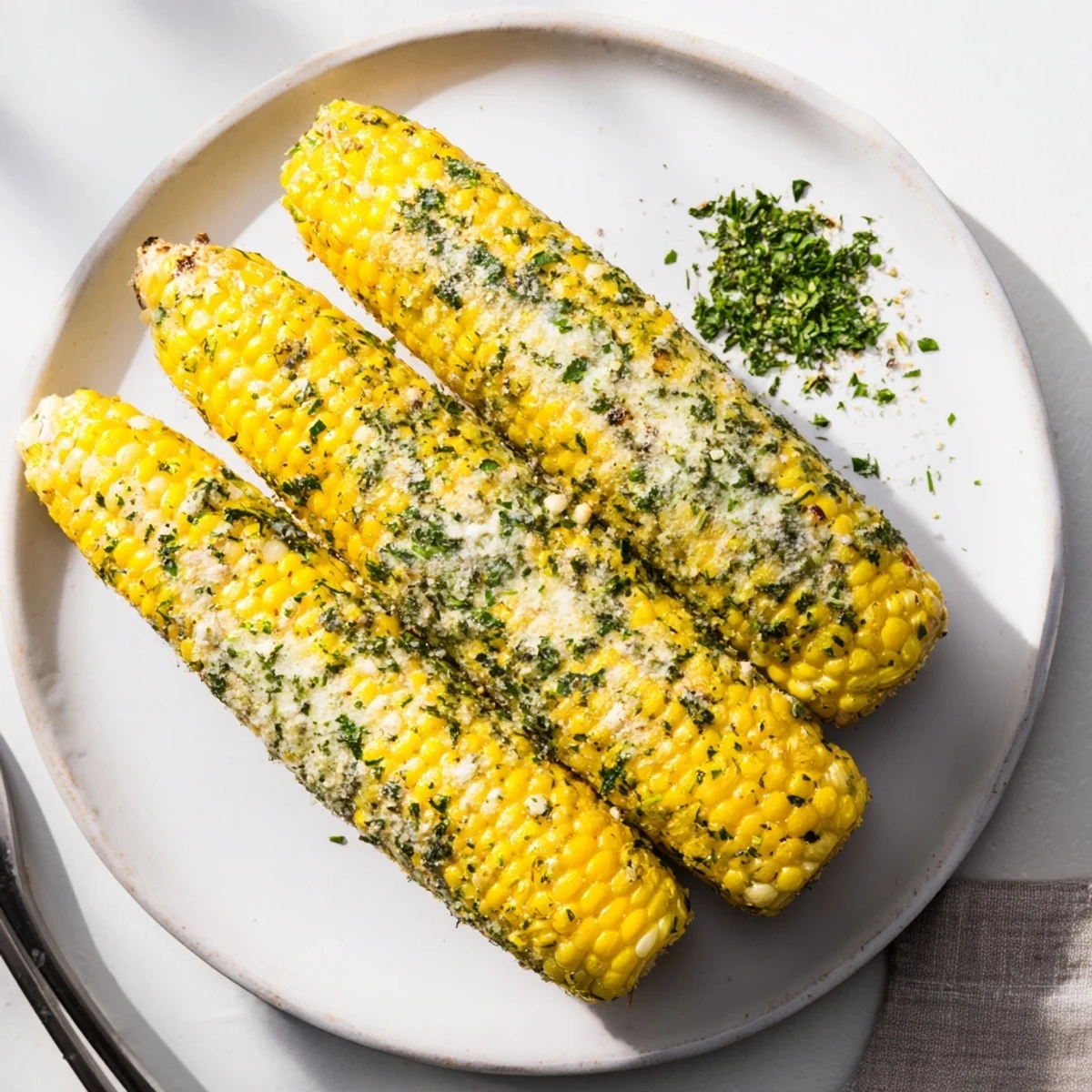 Golden grilled corn ears topped with melted parmesan ranch mixture and fresh chopped herbs for serving