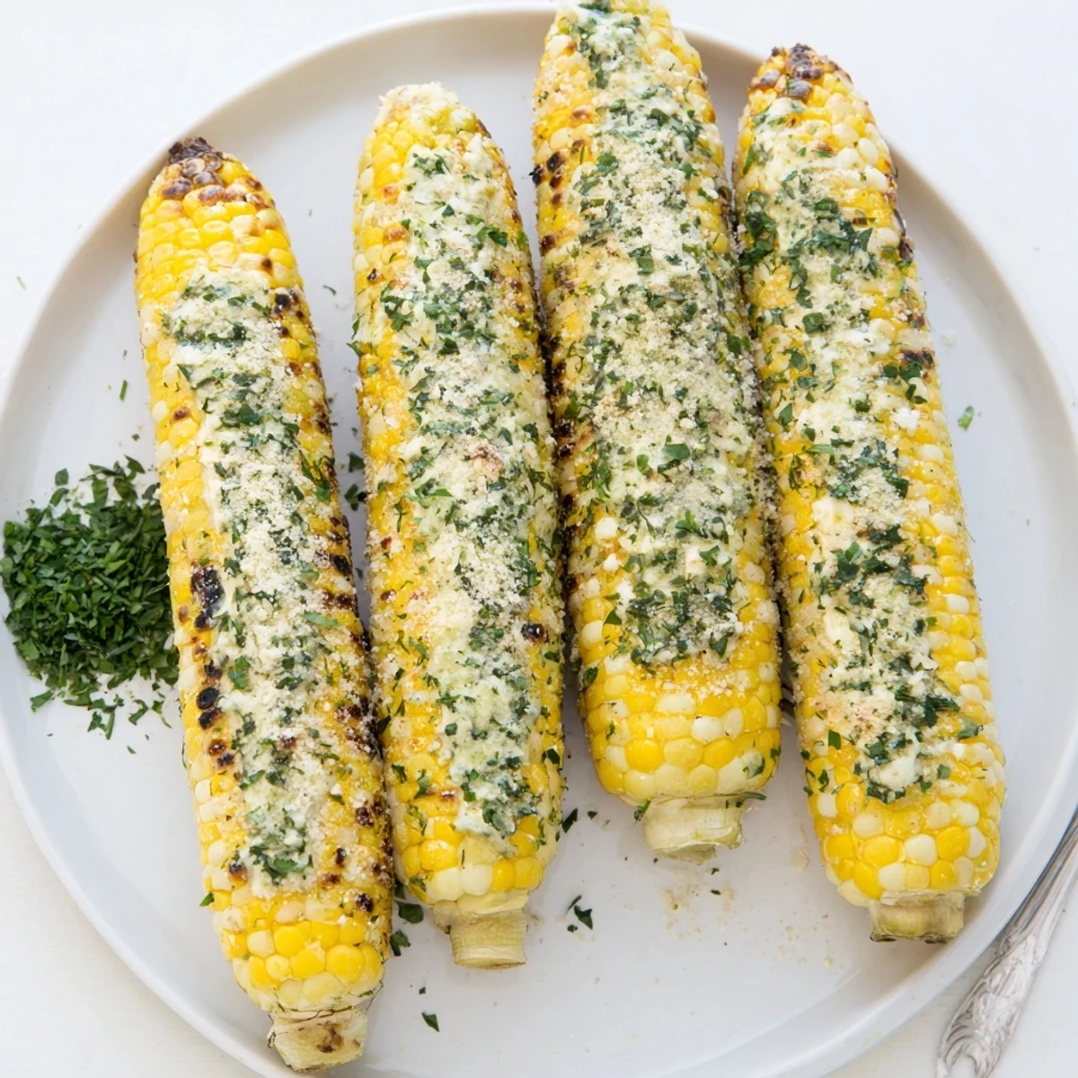 Savory parmesan ranch grilled corn on the cob with charred kernels and aromatic herb coating