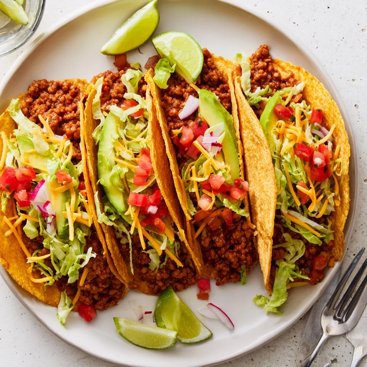 Golden ground beef tacos with savory homemade seasoning topped with fresh pico de gallo
