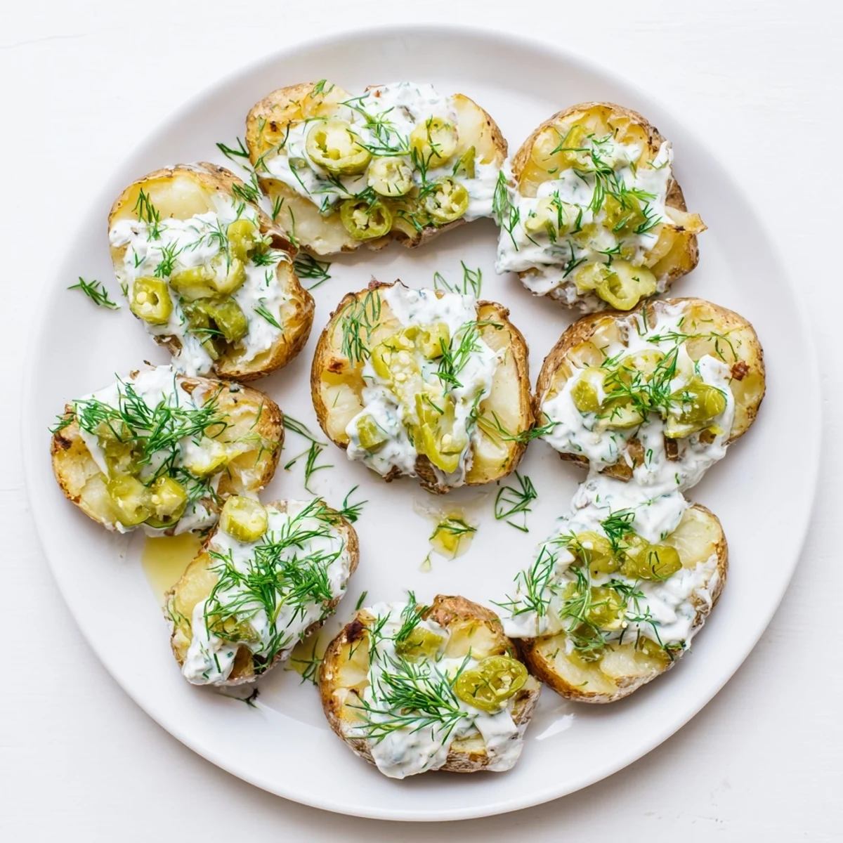 Golden smashed potatoes drizzled with creamy ranch and topped with chopped dill pickles and fresh herbs