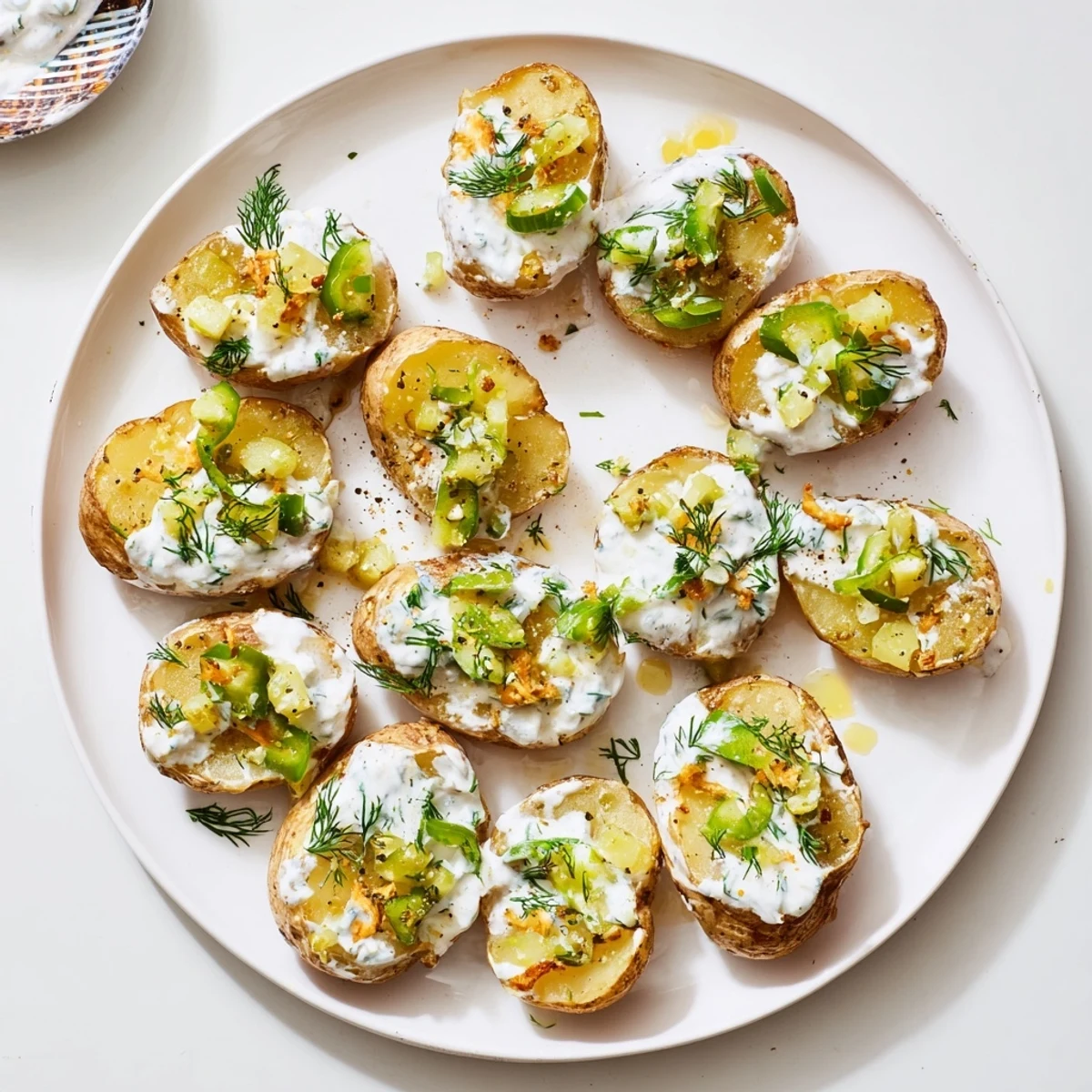 Crispy oven-baked baby potatoes smothered in tangy dill pickle ranch sauce and sprinkled with parmesan cheese