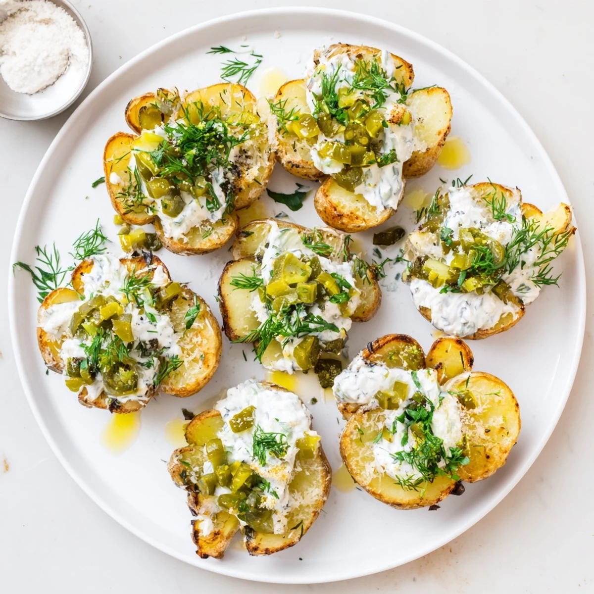 Warm potato appetizer featuring zesty dill pickles, cool ranch dressing, and jalapeños on a rustic serving platter