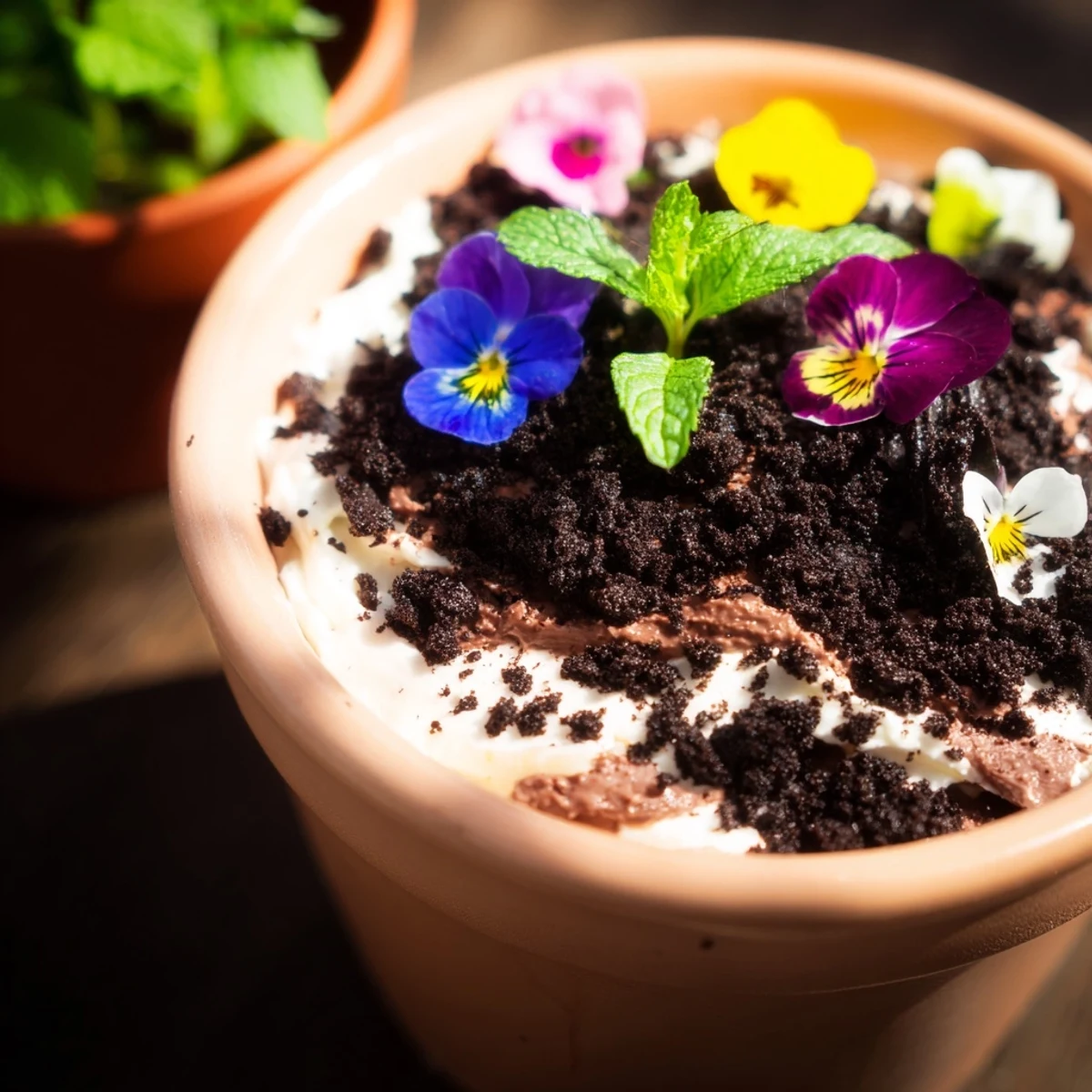 Whimsical edible potted floral garden dessert featuring chocolate cake layers topped with vibrant edible flowers and fresh mint