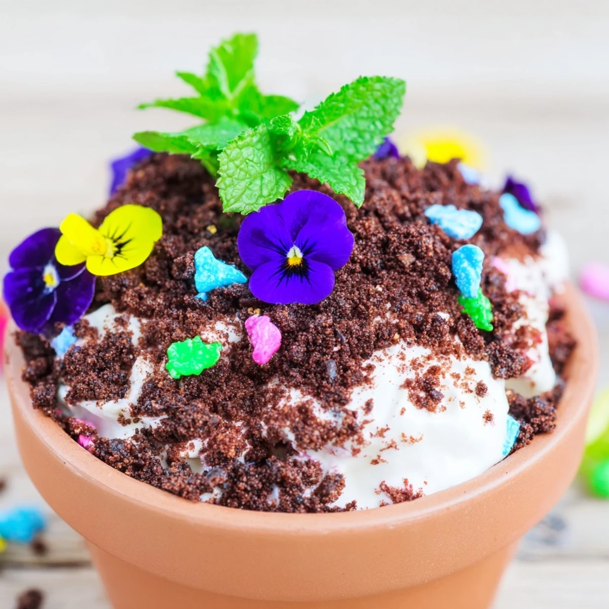 Chocolate edible potted floral garden arranged in small pots with creamy filling and colorful pansy petals