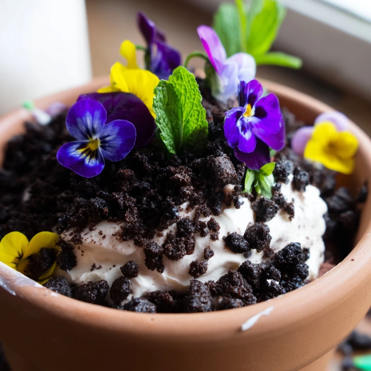Beautiful edible potted floral garden dessert showcasing cookie crumb soil decorated with fresh violets and green herbs