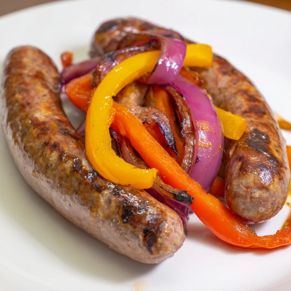 Juicy beef sausages on the grill topped with colorful roasted peppers and sweet onions in honey mustard sauce