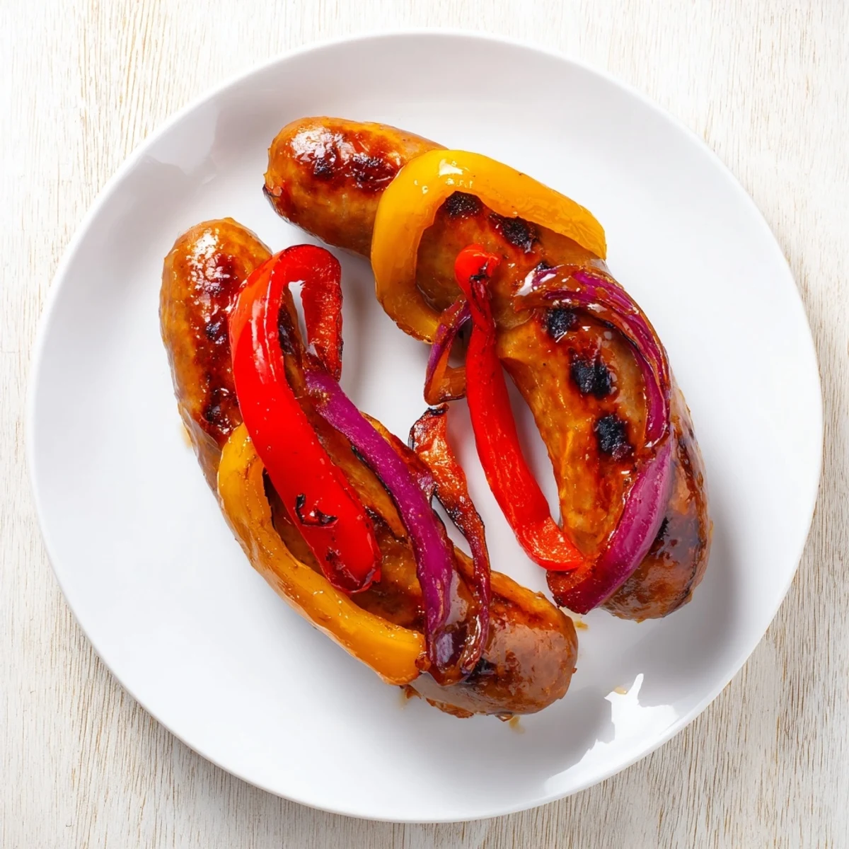 Golden grilled BBQ beef sausage with caramelized peppers and onions brushed with tangy mustard glaze