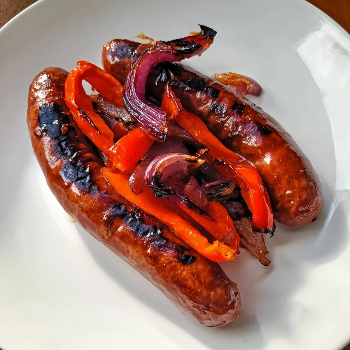 Summer barbecue plate featuring glazed beef sausages served alongside tender charred bell peppers and red onion slices