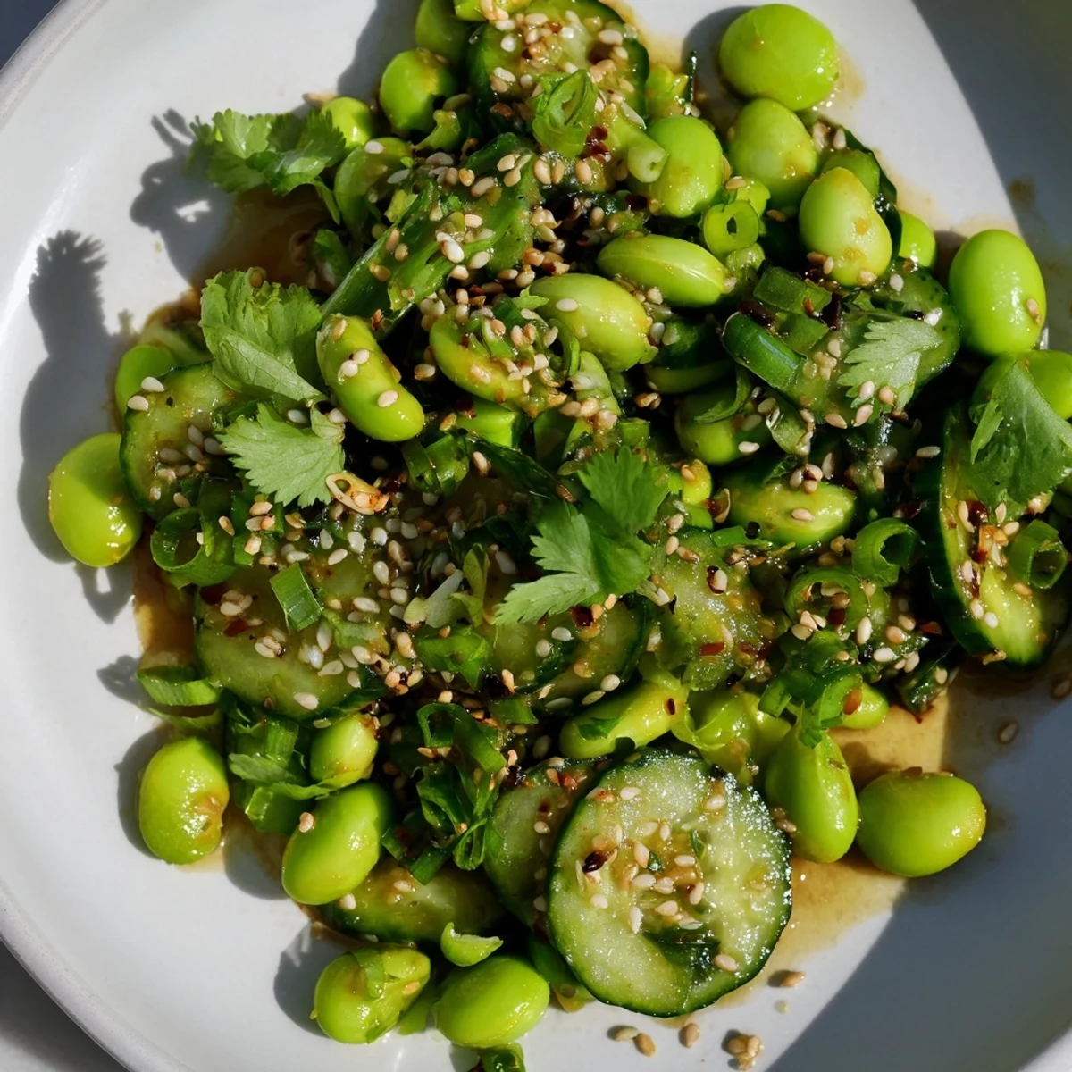 Fresh Japanese edamame cucumber salad in white bowl with sesame seed garnish