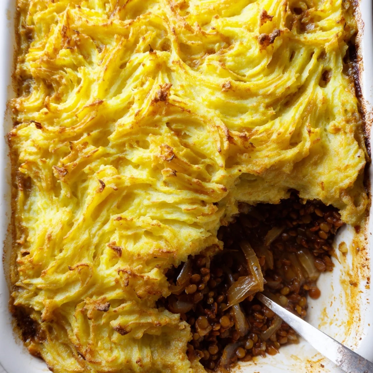 Golden vegan French onion shepherd's pie with fluffy mashed potato topping and caramelized onion layer