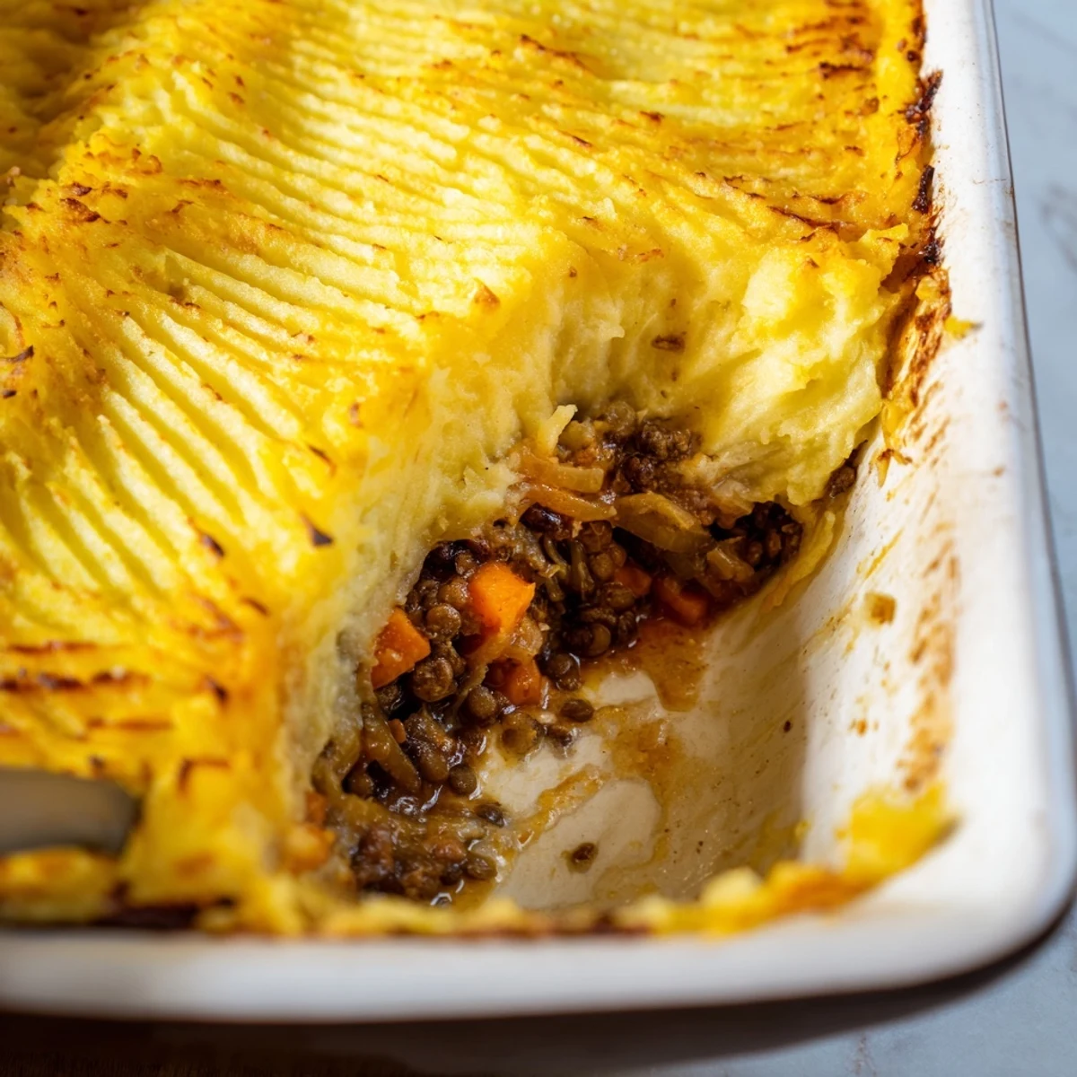 Baked shepherd's pie featuring savory lentils, sweet caramelized onions, and creamy mashed potatoes in a casserole dish