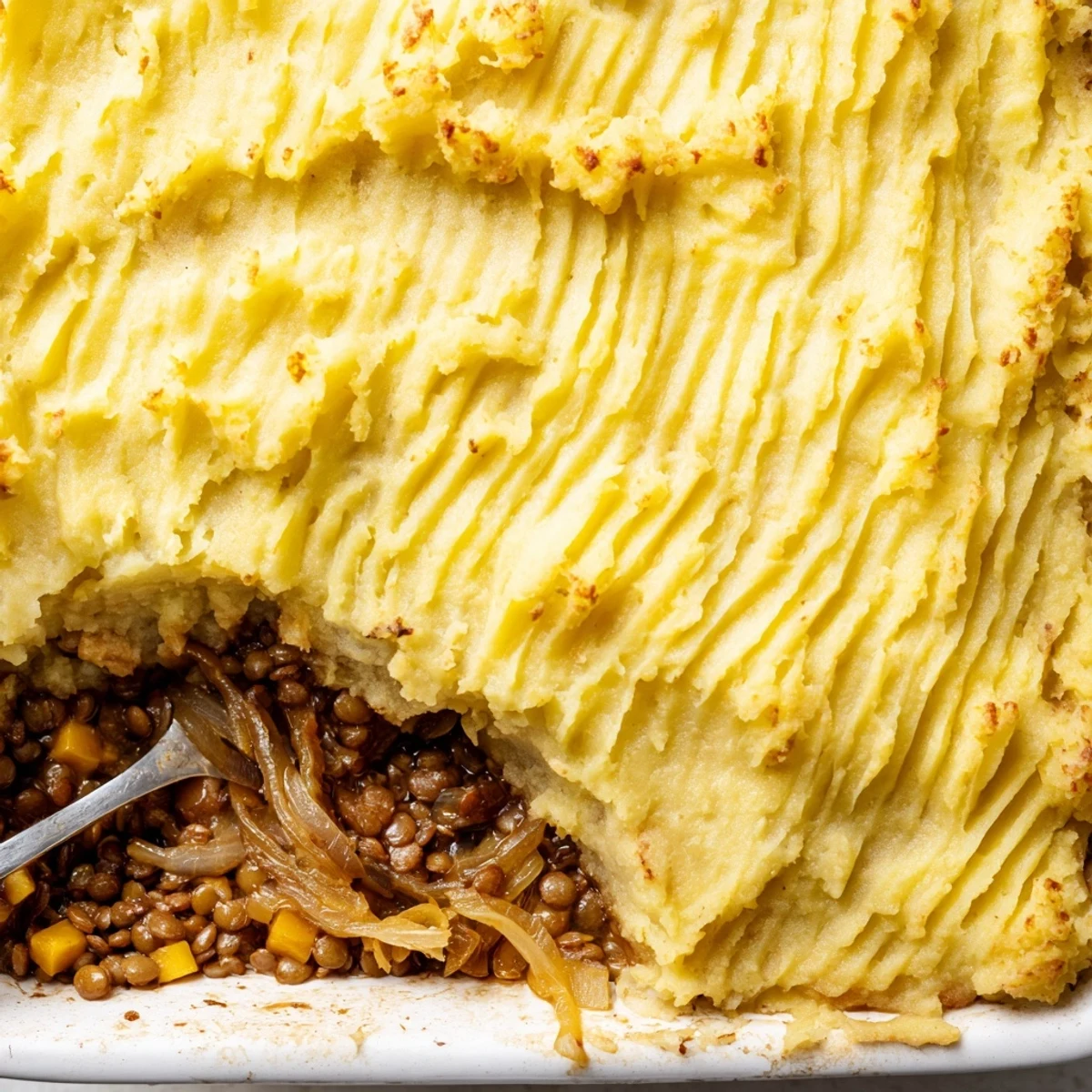 Plant-based French onion shepherd's pie showing forkful of lentil filling, onions, and golden mashed potato crust