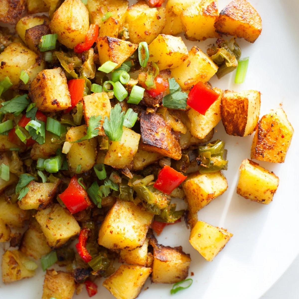 Golden crispy Green Chile Hash with roasted chiles, onions, and potatoes in a cast-iron skillet