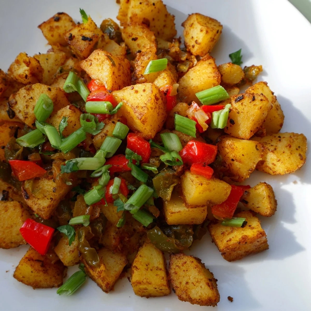 Southwestern breakfast Green Chile Hash topped with fried eggs, cilantro, and melted shredded cheese