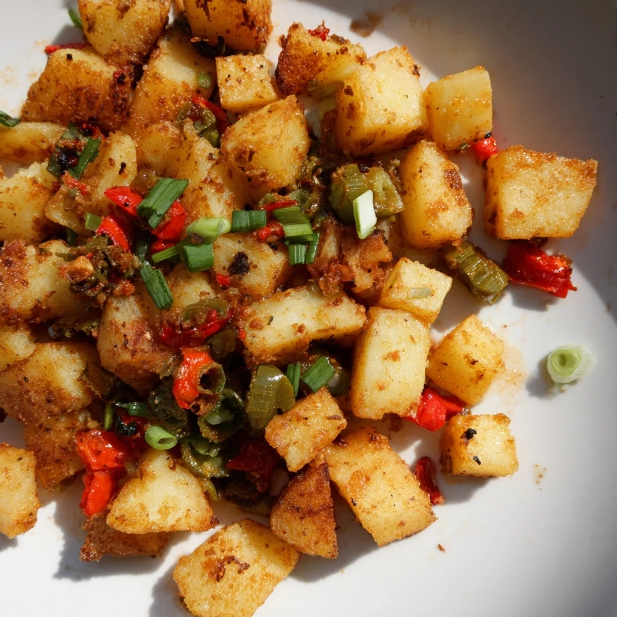 Vegetarian Green Chile Hash featuring golden brown potatoes, diced peppers, and roasted green chiles