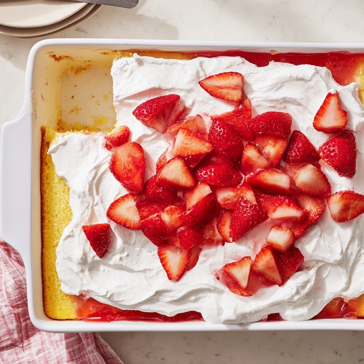 Light strawberry gelatin cake dessert showcasing vibrant red gelatin absorbed into moist white cake beneath fluffy whipped topping