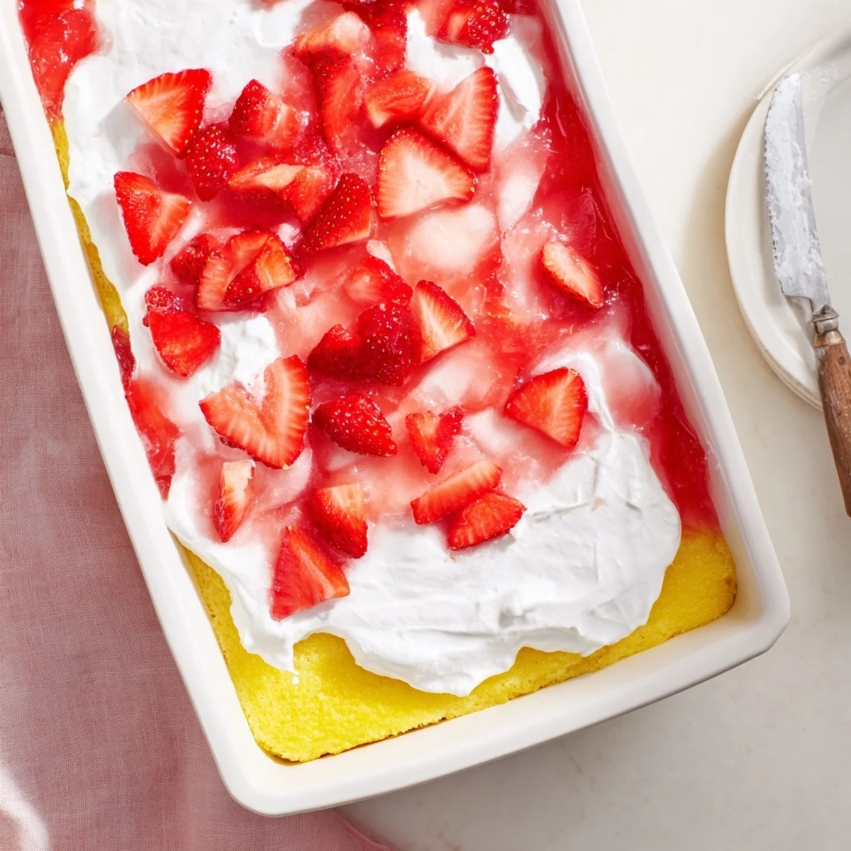 Creamy strawberry gelatin cake dessert featuring fresh berry garnish on a chilled layered dessert perfect for summer gatherings