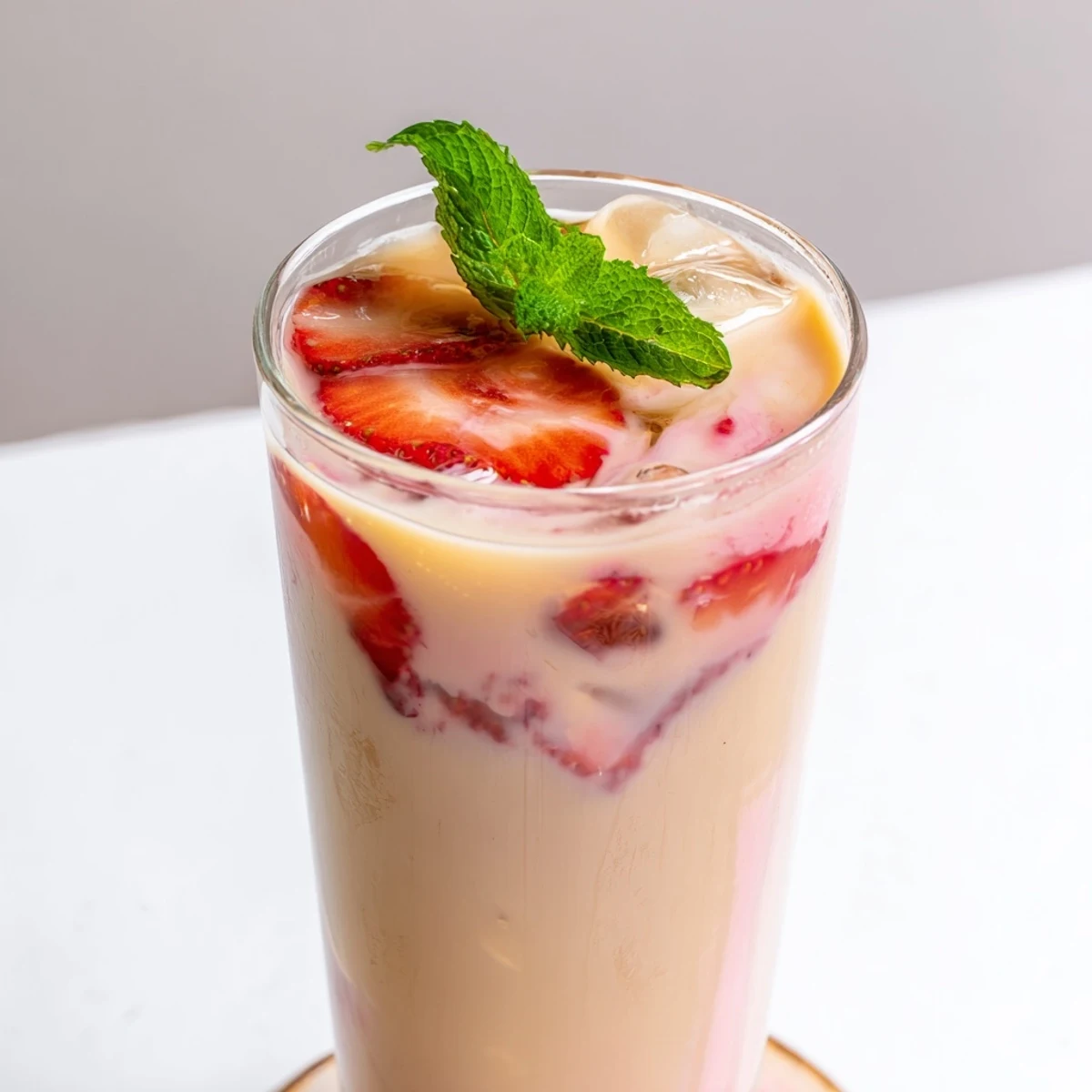 Garnished glass of strawberry Earl Grey milk tea with fresh strawberry slices and mint