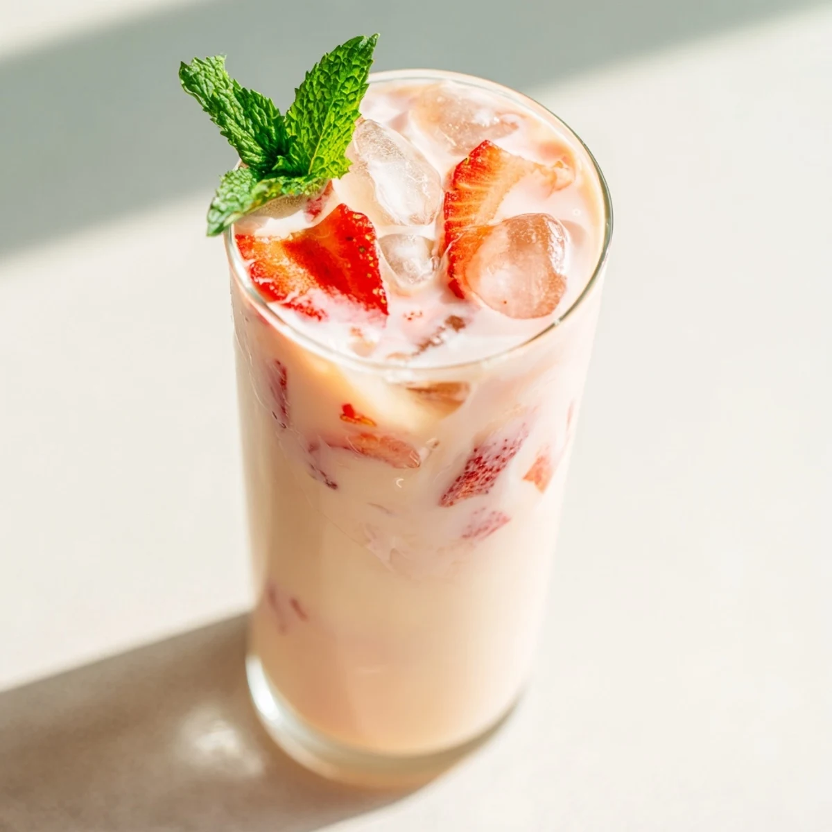 Steaming cup of fragrant strawberry Earl Grey milk tea with swirling strawberry syrup