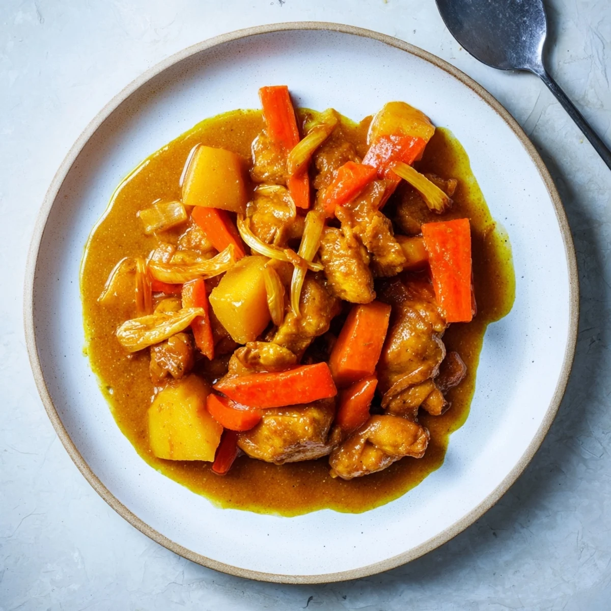 Golden Jamaican curry chicken simmered in fragrant sauce with tender potatoes and colorful vegetables